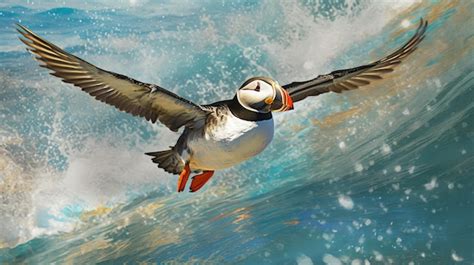 Premium AI Image | Puffin flying over the water with its wings outspread