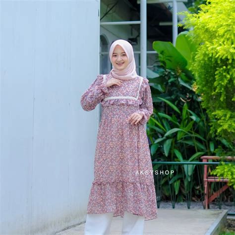 Jual Tunik Ceruty Babydoll Tunik Wanita Motif Bunga Zahra Shopee