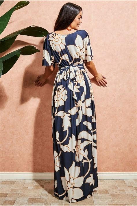 Goddiva Leaf Print Flutter Sleeve Maxi Dress Navy