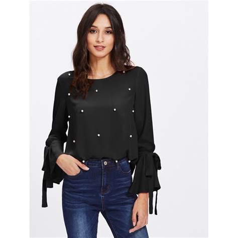 Pearl Embellished Bow Tied Bell Cuff Blouse Black Bell Cuff Blouse