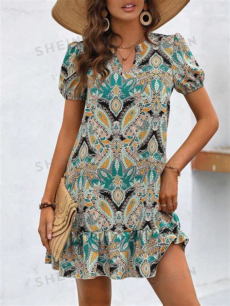 Shein Lune Women S Short Puff Sleeve V Neck Dress With Paisley Floral