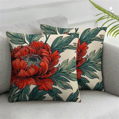 Nawypu Chinoiserie Red Peony Floral Honshu Pillow Covers Asian Style