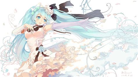 ボーカロイド、 初音ミク、 ロングヘア、 ツインテール、 カチューシャ、 白いドレス、 リボン、 花、 花びら、 シンプルな背景、 アニメの