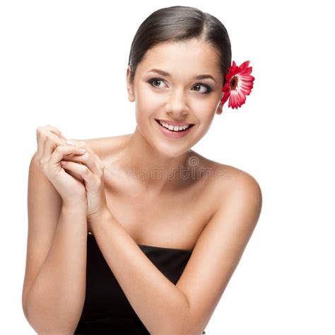 Attractive Smiling Brunette Woman With Flowers In Hair Stock Photo Image Of Sitting Black