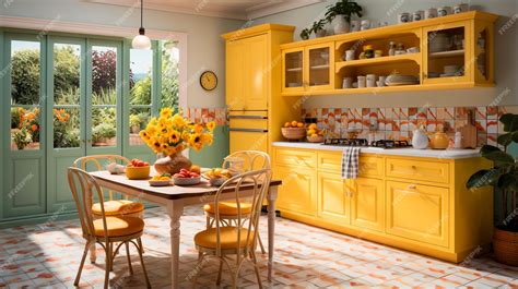 Premium AI Image | interior of modern kitchen with wooden table and chairs