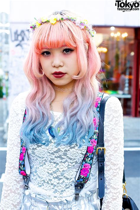 Pink Blue Dip Dye Hair Silver Shorts And Jeffrey Campbell In Harajuku