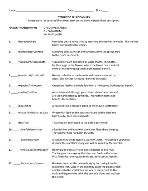 Symbiotic Relationships Worksheet Good Buddies Amemyid