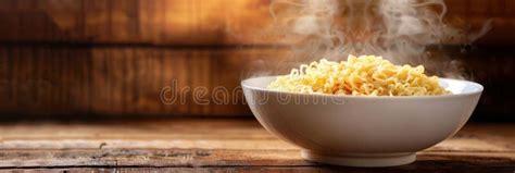 A Bowl Of Steaming Instant Noodles Sits On A Wooden Table Releasing
