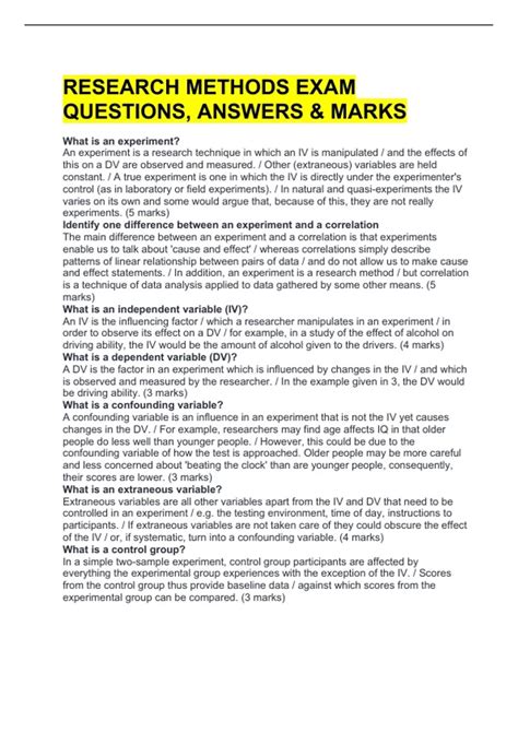 RESEARCH METHODS EXAM QUESTIONS ANSWERS MARKS RESEARCH METHODS EXM