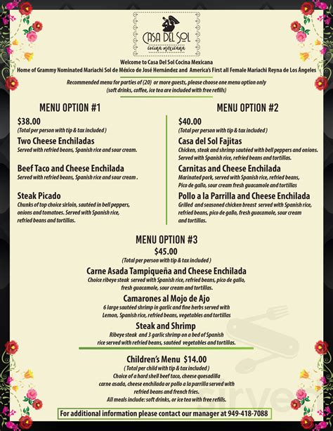 Casa Del Sol Cocina Mexicana Menu In Tustin California USA