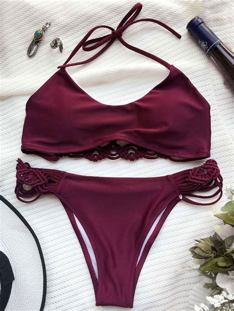 13 99 Cut Out Braided Bikini Set WINE RED S Luxury Swimwear