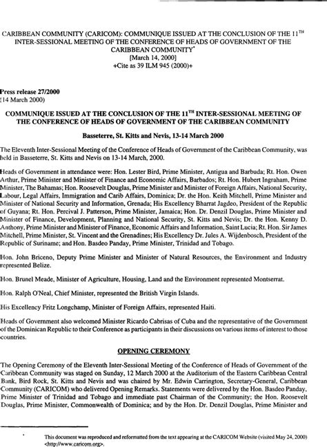 Caribbean Community Caricom Communique Issued At The Conclusion Of