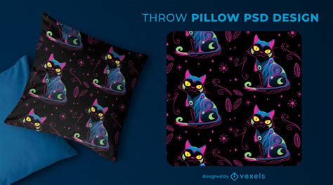 Bright Neon Cartoon Cat Throw Pillow Design Vector Download