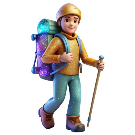 Extraordinary Artistic Backpacker With Trekking Poles Isolated