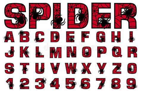 Spider Font Spiderman Alphabet Black Letters On Red Background Stock