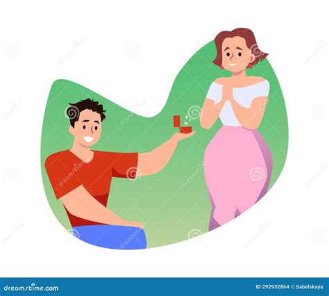 Young Man Making Marriage Proposal To Smiling Girl Flat Style Vector