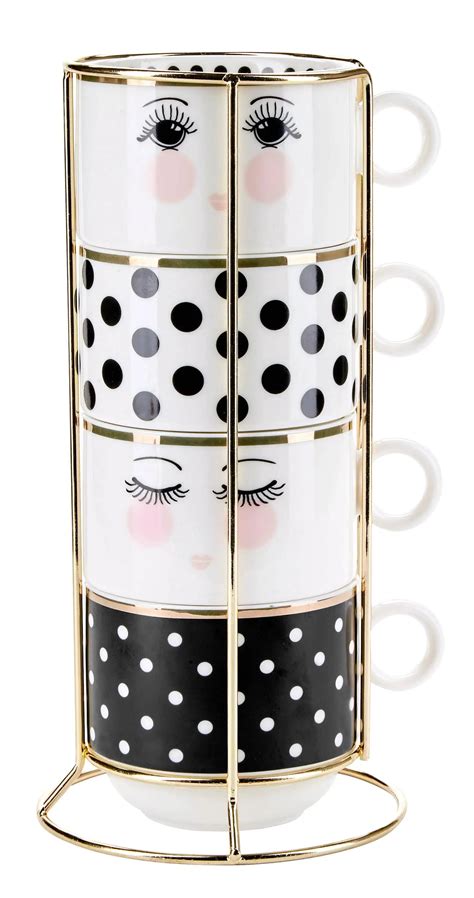 Set 4 Tazze Mug Miss Étoile Rack Occhi E Pois Mary Home