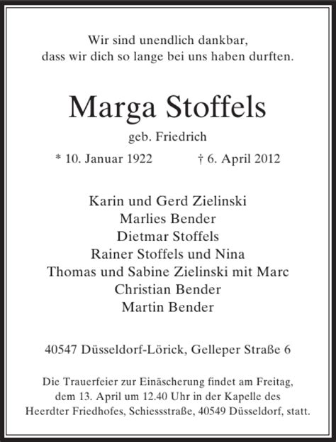 Alle Traueranzeigen für Marga Stoffels trauer rp online de