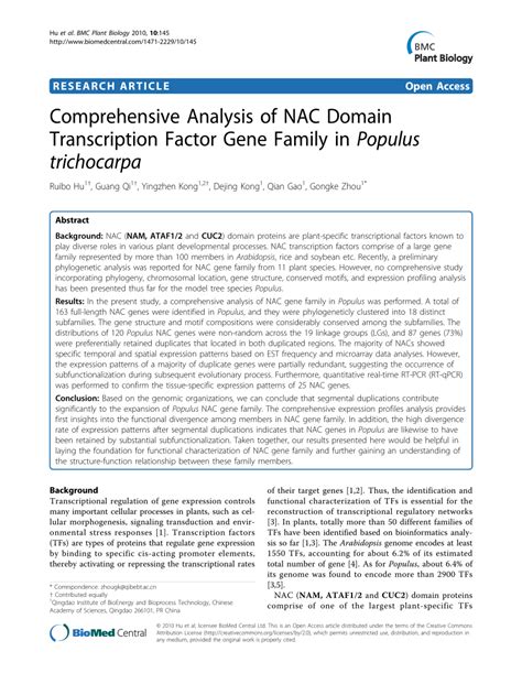 Pdf Comprehensive Analysis Of Nac Domain Transcription Factor Gene