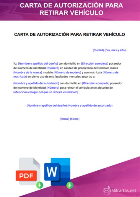 Modelo de carta de autorización para retirar vehículo Word The Best