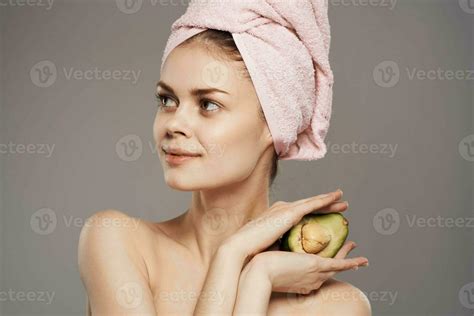 Pretty Woman Naked Shoulders Avocado Gray Background Stock