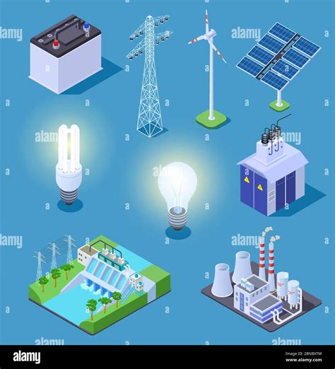 Electric Power Isometric Icons Energy Generator Solar Panels And