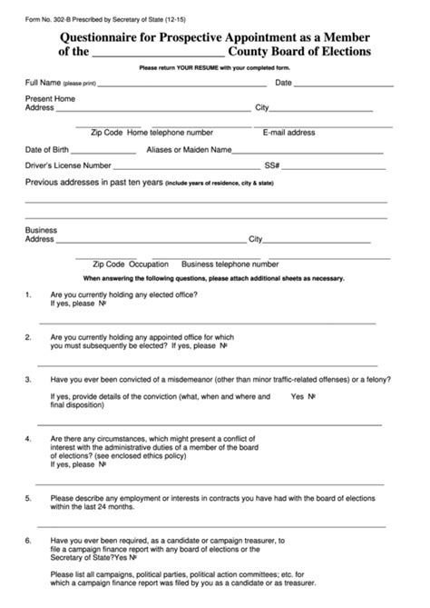 Fillable Form 302 B Questionnaire For Prospective Appointment As A