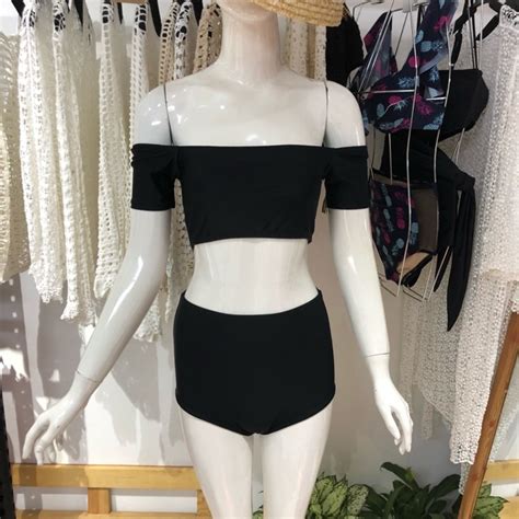 Bikini 2 mảnh set đen áo ngang vai quần lưng cao BigBuy360