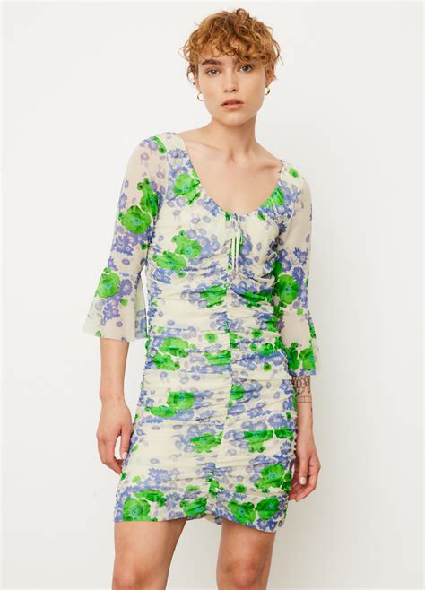 Printed Mesh Ruched Mini Dress