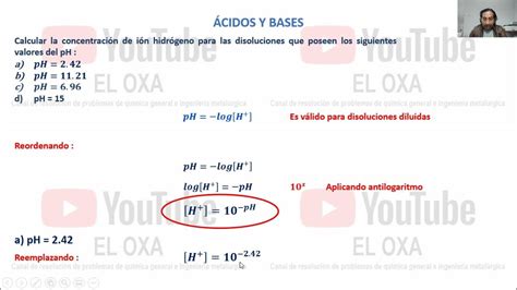 Ácidos Y Bases 5 Calcular La Concentración De H A Partir Del Ph De Una Disolución Youtube