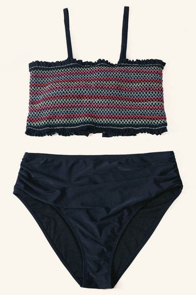 Split Color Smocked Bandeau Bikini Set