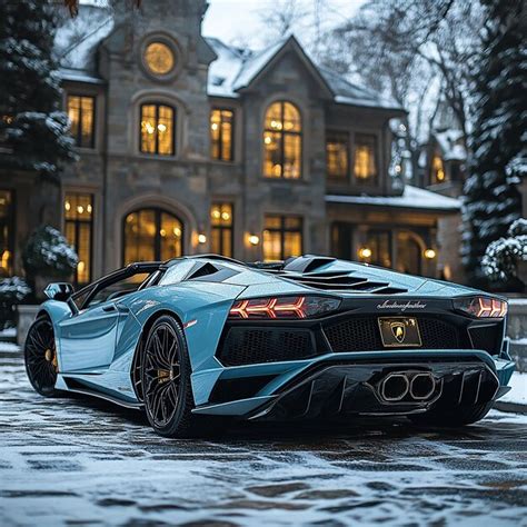 A light blue Lamborghini Aventador automobile tail Roadster and a bright green Lamborghini in ...