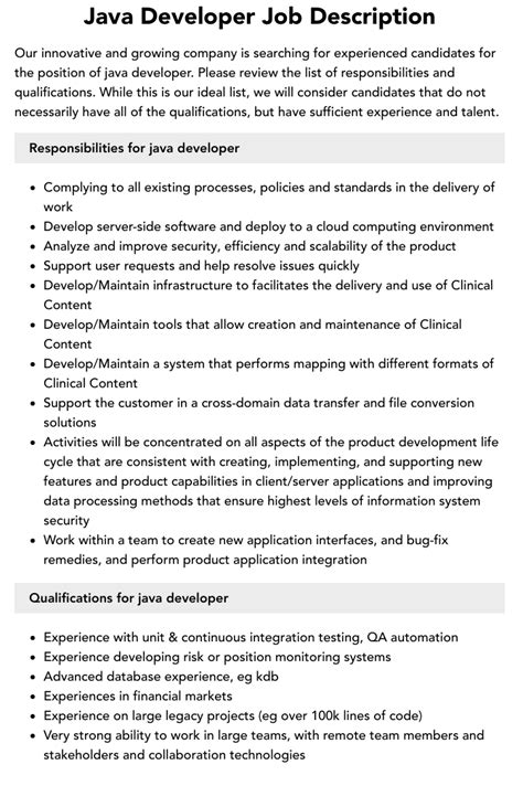 Java Developer Job Description Velvet Jobs