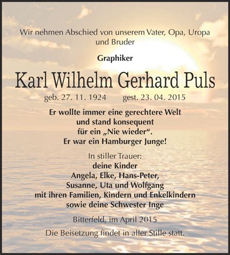 Traueranzeigen Von Karl Wilhelm Gerhard Puls Abschied Nehmen De