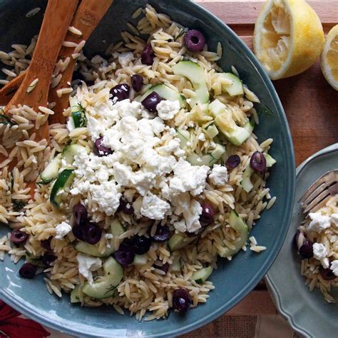 Lemon Dill Orzo Pasta Salad With Cucumbers Olives And Feta Recipe On