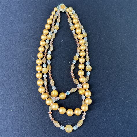 Vintage 3 Strand Amber Pearl Glass Beaded Necklace Es Gem