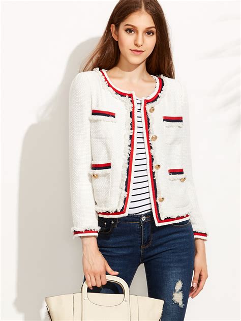 White Striped Trim Frayed Tweed Jacket Sheinsheinside