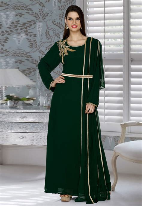 Green Faux Georgette Embroidered Readymade Kaftan