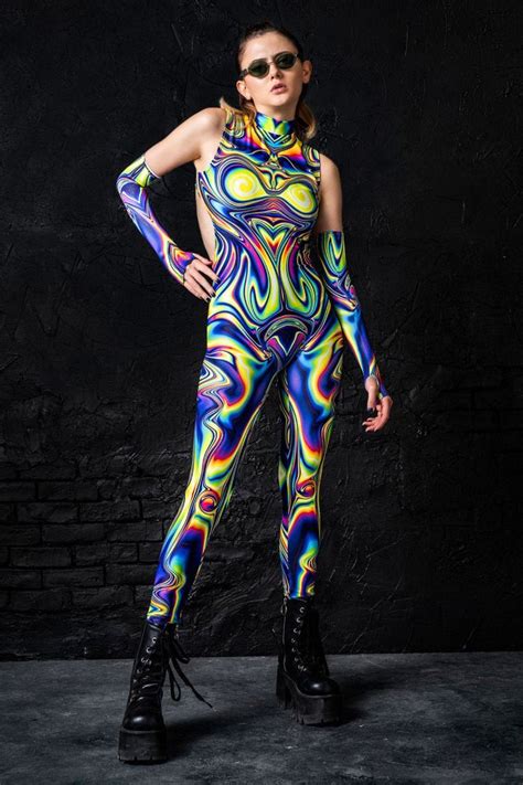 Psychedelic Catsuit Sexy Rave Catsuit Pole Dance Costume Etsy