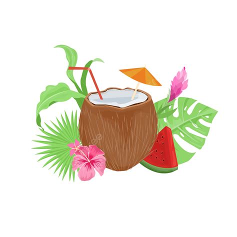 Flores Tropicales Y Coco Vector Png Hojas Tropicales El Verano Coco