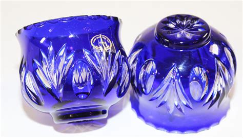 Pair Of Vintage Bohemian Cobalt Blue Cut To Clear Crystal Votive Candle