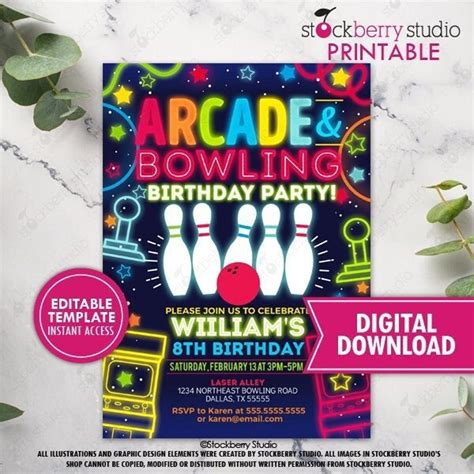 Arcade Bowling Birthday Party Invitation Printable Boy Neon Glow Bowl