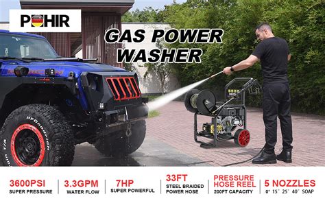 Pohir Gas Pressure Washer Powered 7hp With Hose Reel 3600 Psi 33 Gpm