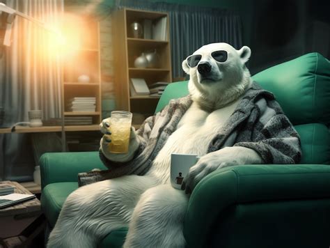 Premium Photo A Polar Bear Sitting In A Chair Holding A Cup And A Drink