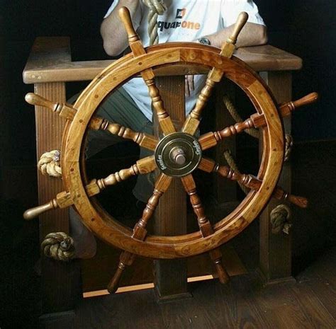 Large Boat Ship Wooden Steering Wheel Brass Center Nautical Wall