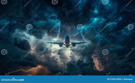 Airplane Ascending Through A Stormy Sky Lit By Lightning Stock