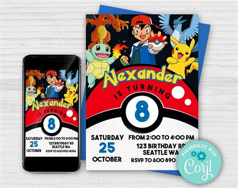 EDITABLE Invitación de cumpleaños de Pokémon Pokémon Evite