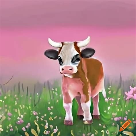 Baby Cow Surrounded By Pink Flowers