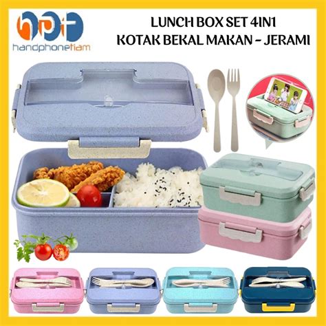 Jual Kotak Bekal Makan Jerami Gandum 4in1 Garpu Sendok Lunch Box