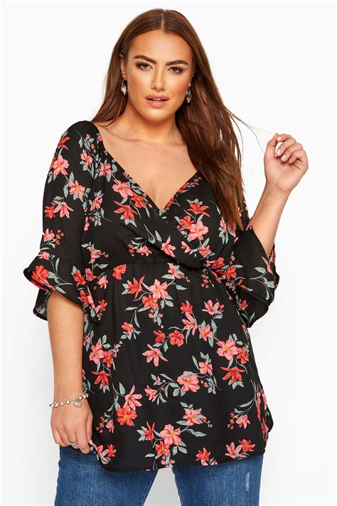 Black Floral Chiffon Wrap Top Yours Clothing